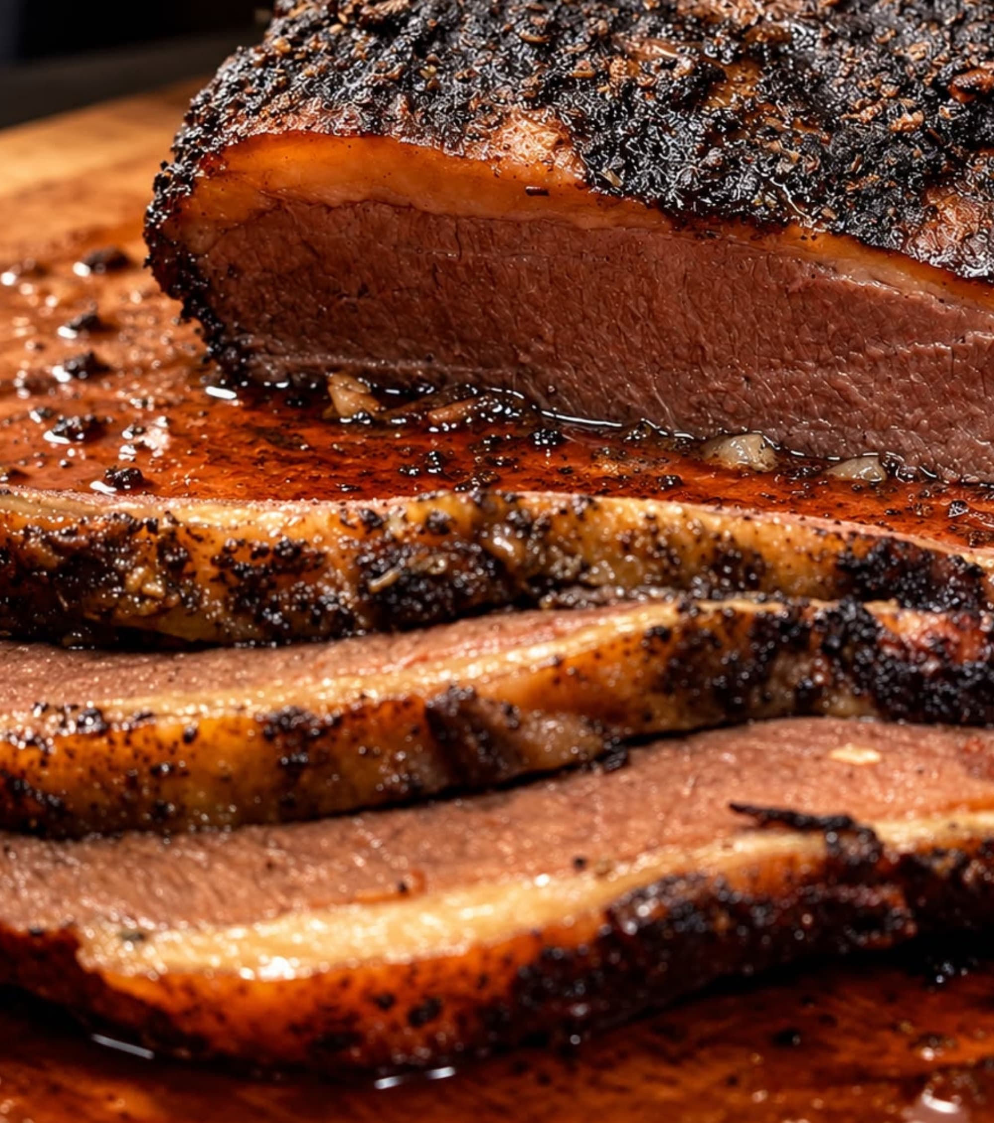 Brisket de bœuf fumé au feu de bois, tranché sur la planche, écorce poivrée et jus apparent