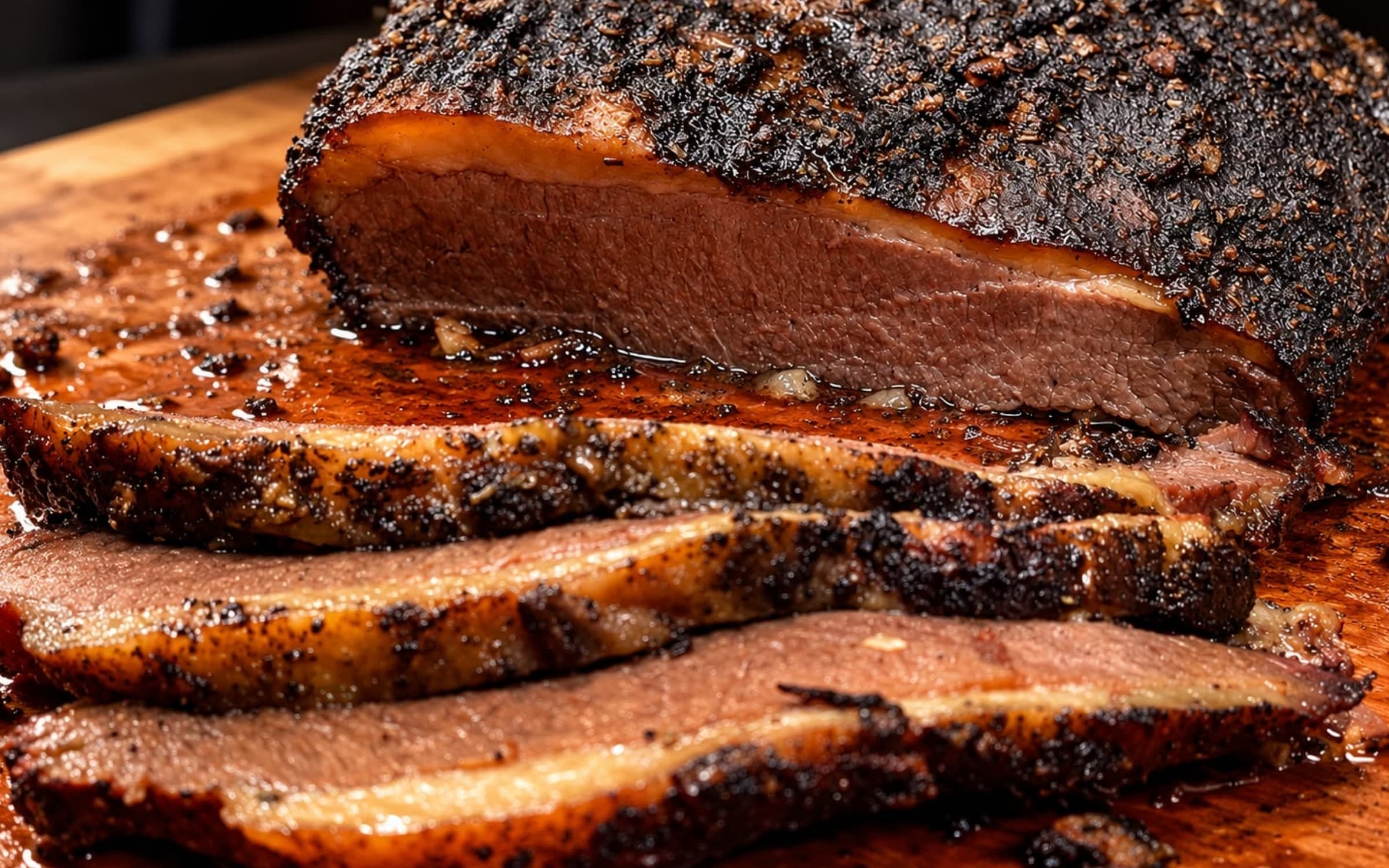 Brisket de bœuf fumé au feu de bois, tranché sur la planche, écorce poivrée et jus apparent