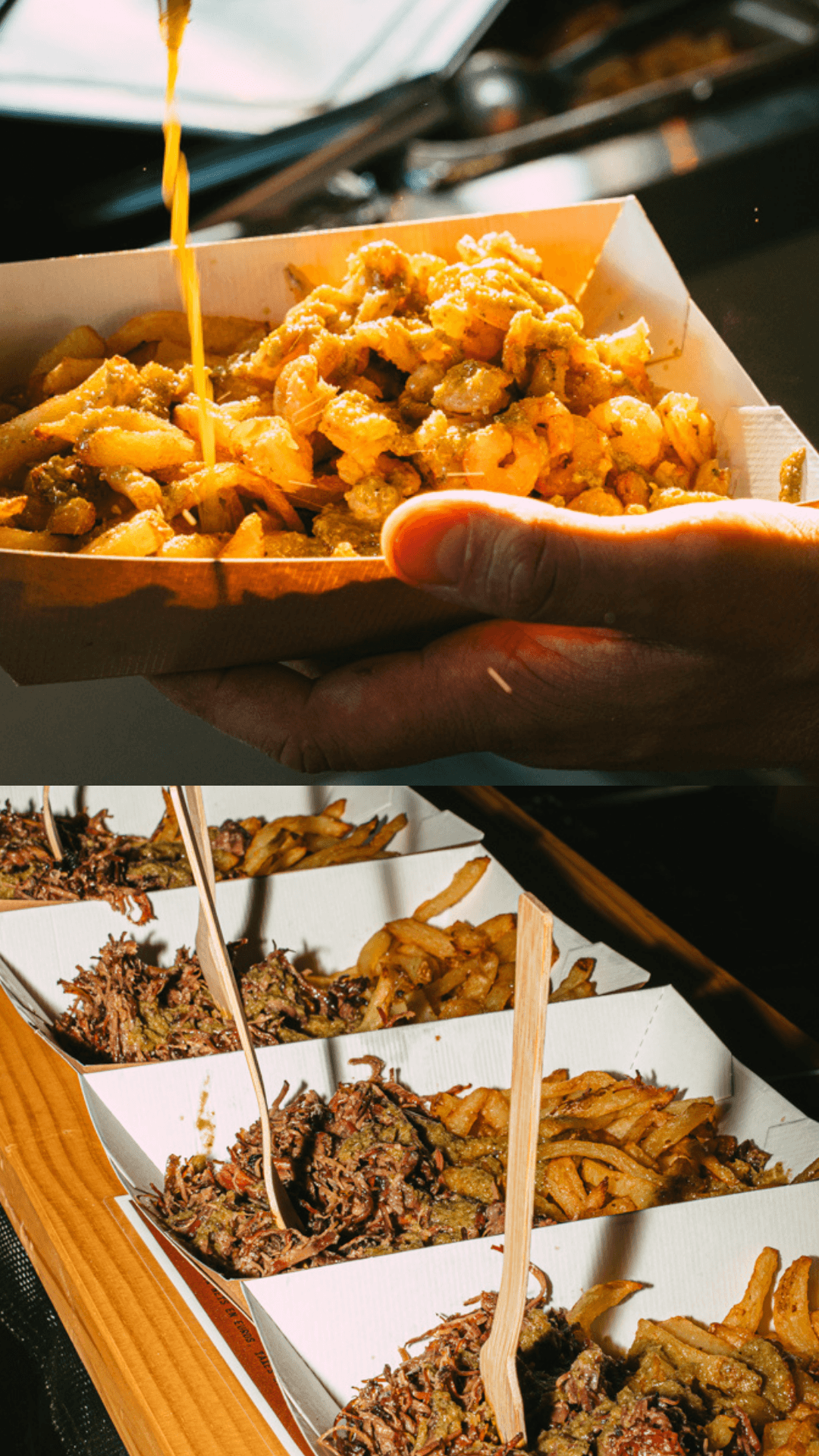 Barquette de frites garnies d'effiloché de viande fumée, service au comptoir